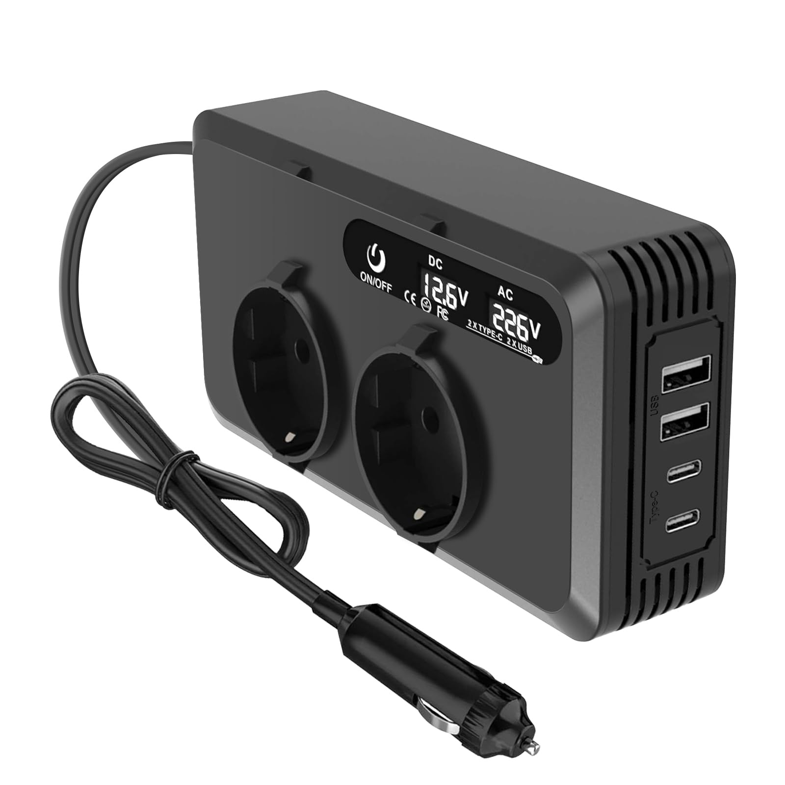 Trasformatore di tensione per auto, inverter DC 12 V, adattatore accendisigari, 2 prese e 2 porte USB + 2 porte tipo C, ricarica rapida per telefoni cellulari
