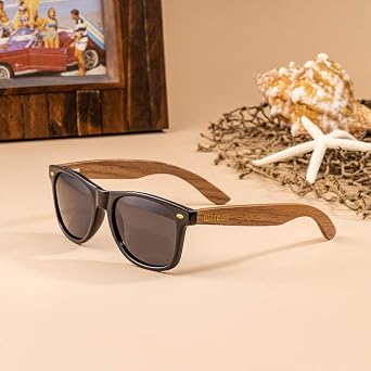 Woodies Walnut Wood Sunglasses with Black Polarized Lenses | Walnut wood temples, polarized lenses and included case, cloth and guitar pick