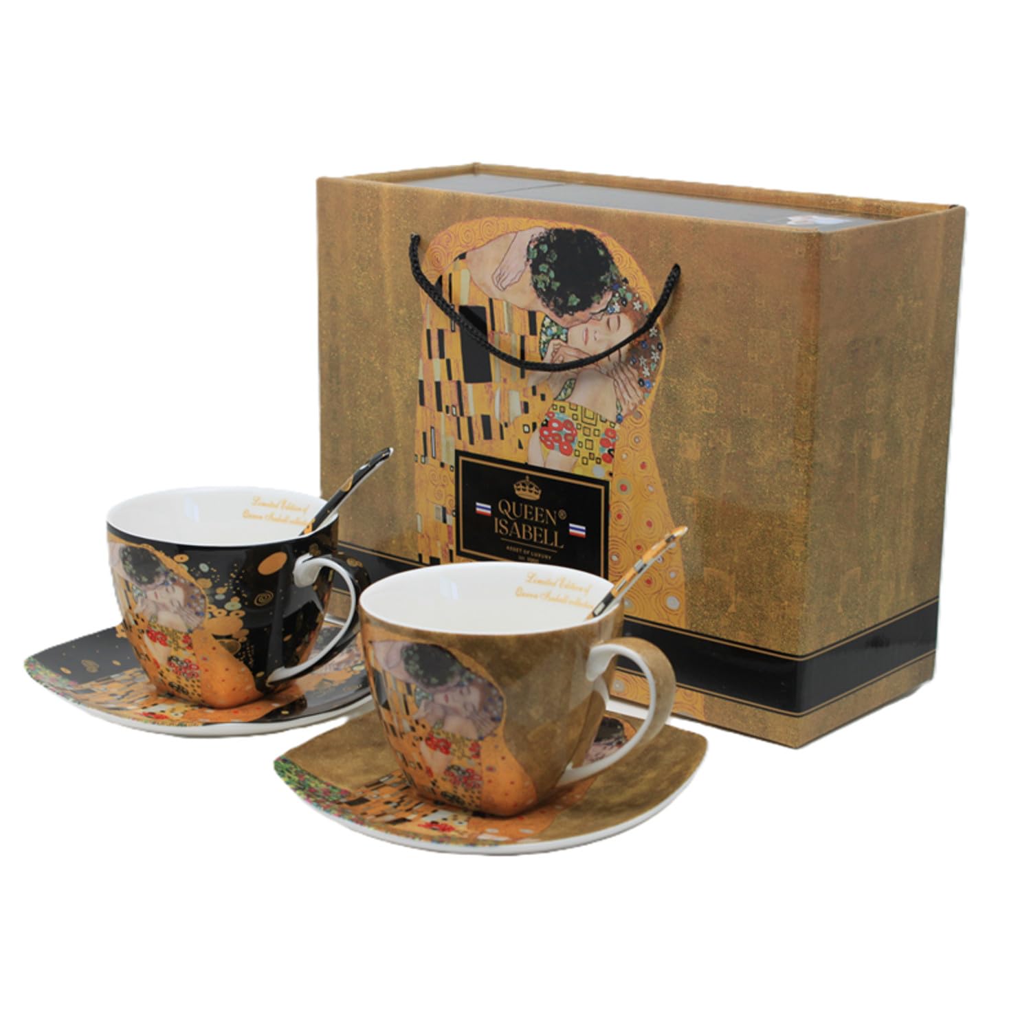 Juego de 2 tazas de porcelana con cucharas de Klimt De Kiss 250 ml | Fine Bone | elegante juego de regalo con diseño artístico Gustav Klimt | porcelana de lujo en caja