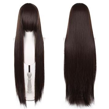 XiongXiongLe Long Dark Brown Gold Wig 40 Inch Universal Wigs with Bangs for Adult Women Homemade Styling Cos Party Halloween Themed TV Film Anime Game Character