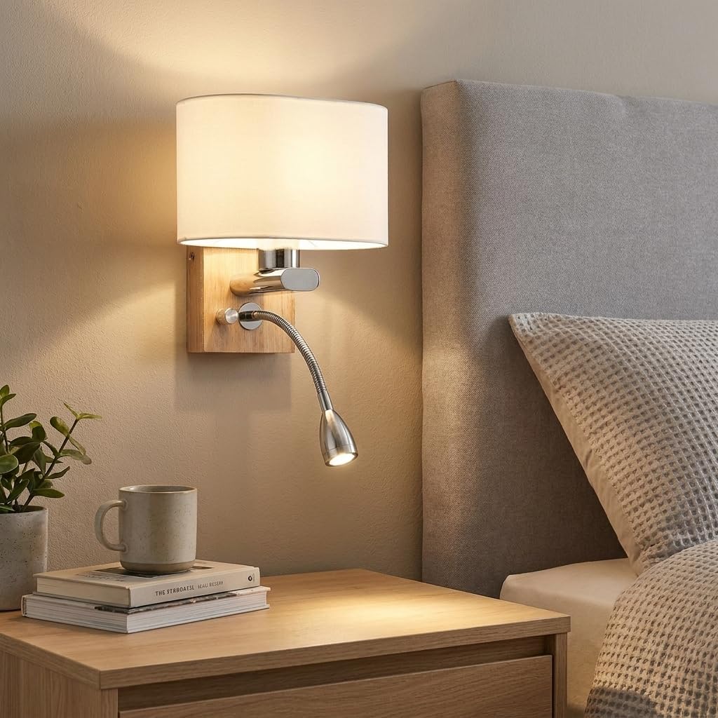 Barcelona LED Wandleuchte „Arti“ mit LED Leselicht 3W, Flexarm, E27 Fassung, Holz & Opalglas, Warmweiß 2700K, Moderne Nordische Bettlampe für Schlafzimmer, Hotel Leseecke