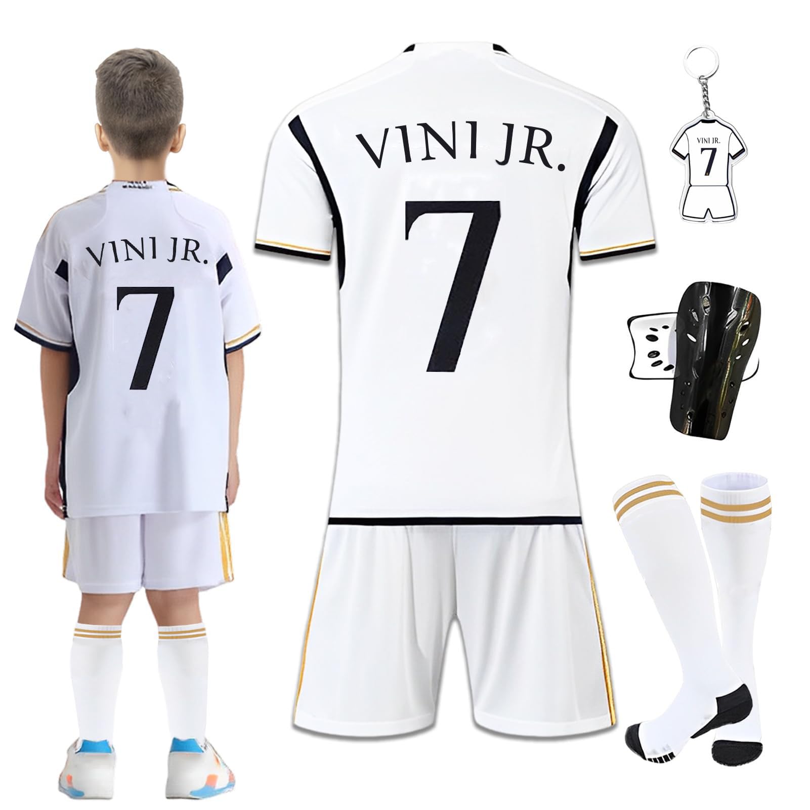 Byhsoep Camiseta de Fútbol,Conjunto de Fútbol de Jersey para Niños con Camiseta,Camiseta Deportiva de Fútbol con Pantalones Cortos,Calcetines y Placa Protectora de Rodilla