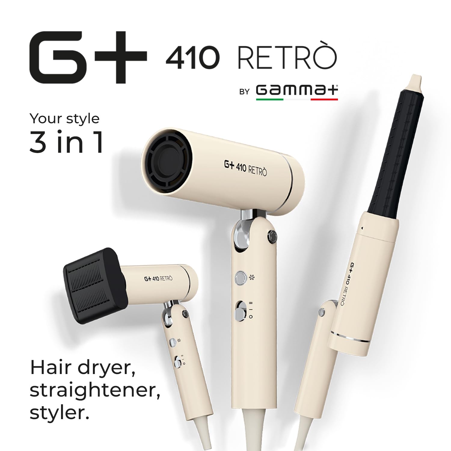 Gamma+ Styler 3 in 1 G+ 410 RETRÒ | Asciugacapelli, Piastra e Arricciacapelli in un Solo Strumento | Pieghevole in 3 Posizioni | Con Diffusore, Bocchetta Anti-Crespo e Cilindri Autoavvolgenti