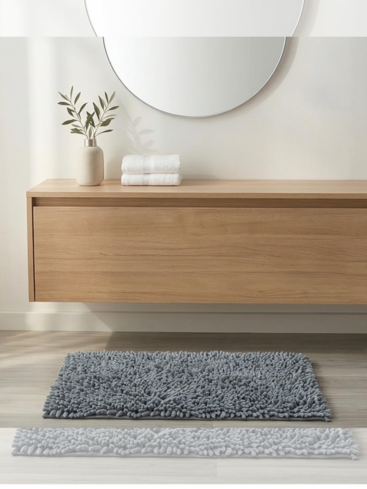 Şönil Banyo Paspası, Mikro Elyaf, Beyaz, 40x60 cm Banyo Halısı, Uzun Tüylü, Yüksek Emicilik, Makinede Yıkanabilir (Gri)