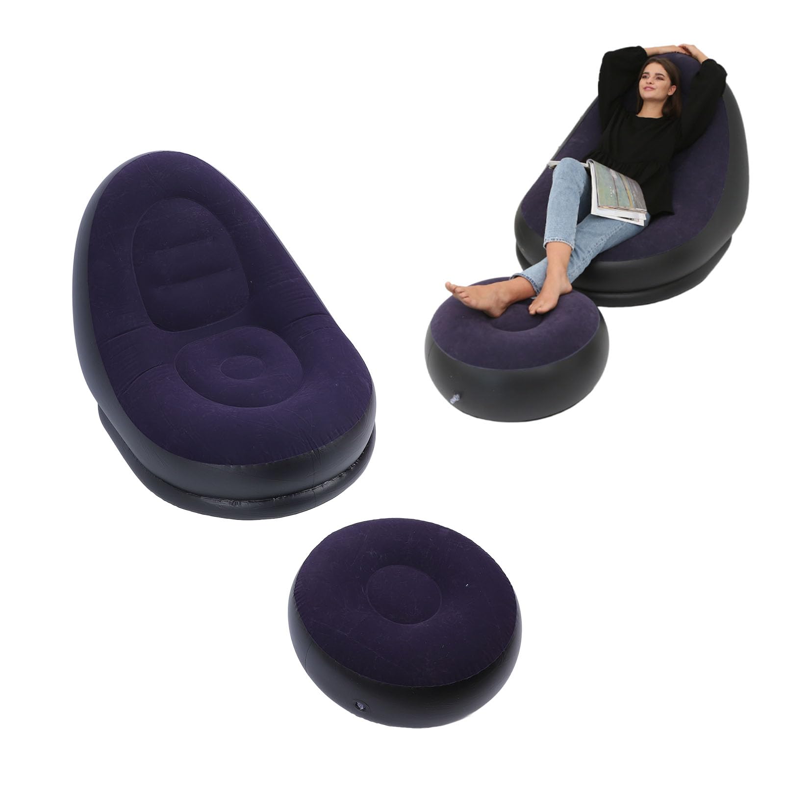 ciciglow Canapé Gonflable, Chaise Longue Gonflable avec Repose-Pieds, Charge de 100 Kg, Flocage Doux, Chaise Longue Gonflable pour Salon, Voyage en Plein Air (Bleu foncé)