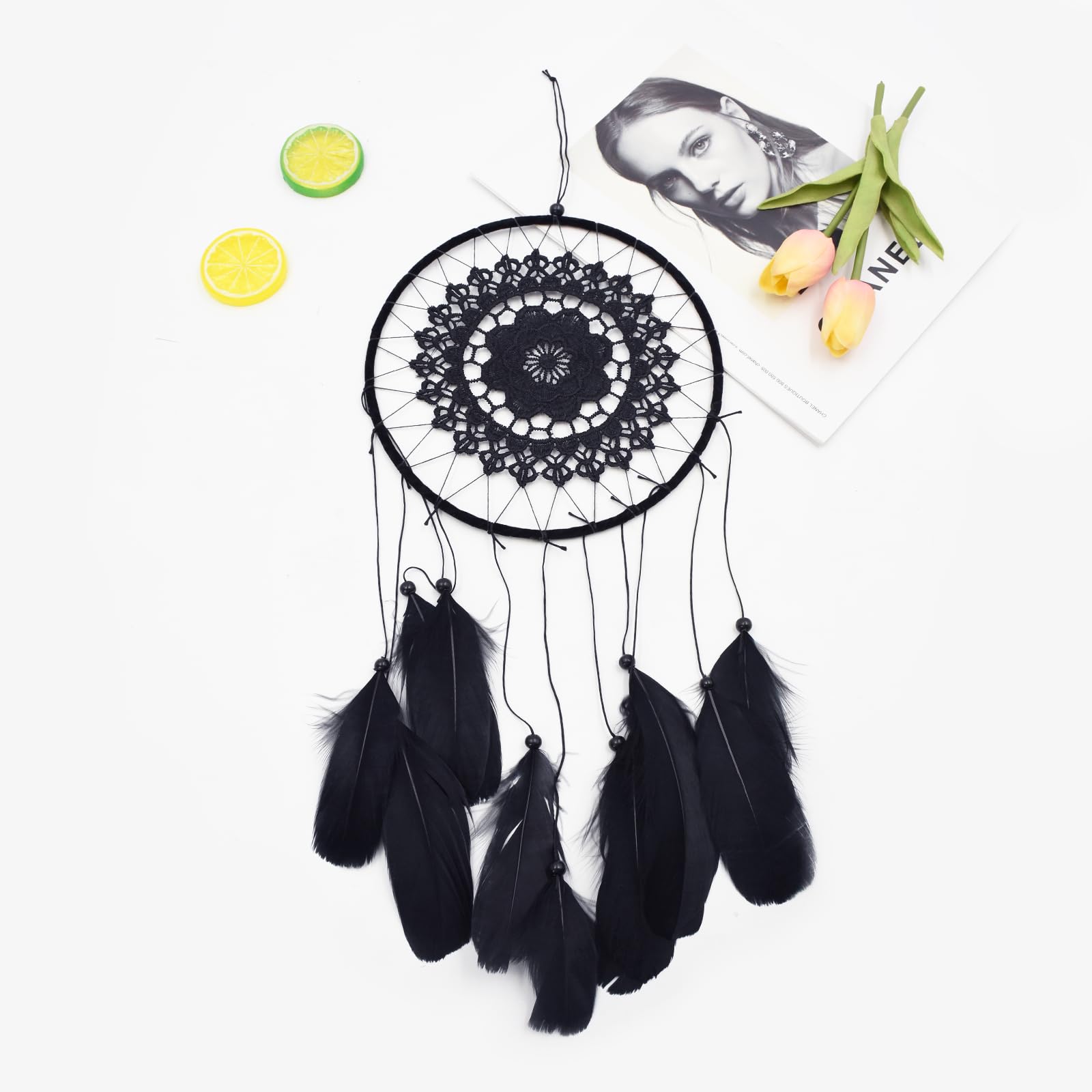 Attrape Reve pour la chambre à coucher, Attrape RêVes Fait à la Main, Capteur de Rêves avec Plumes et Perles, suspendu pour Maison Chambre Coucher Fête Attrapeur, cadeau artisanal (Noir)