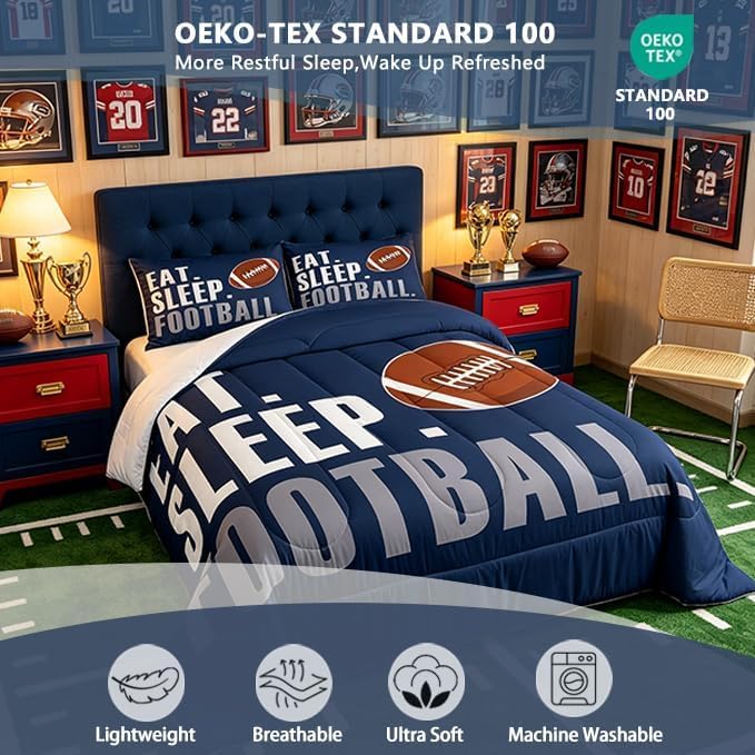 Image of Feelyou Football Comforter Set for Boys Full Size Sports Bedding Set American Football Lover Navy Blue Ball Games Quilt Bed Teens Rugby Bedroom Decor 3Pcs