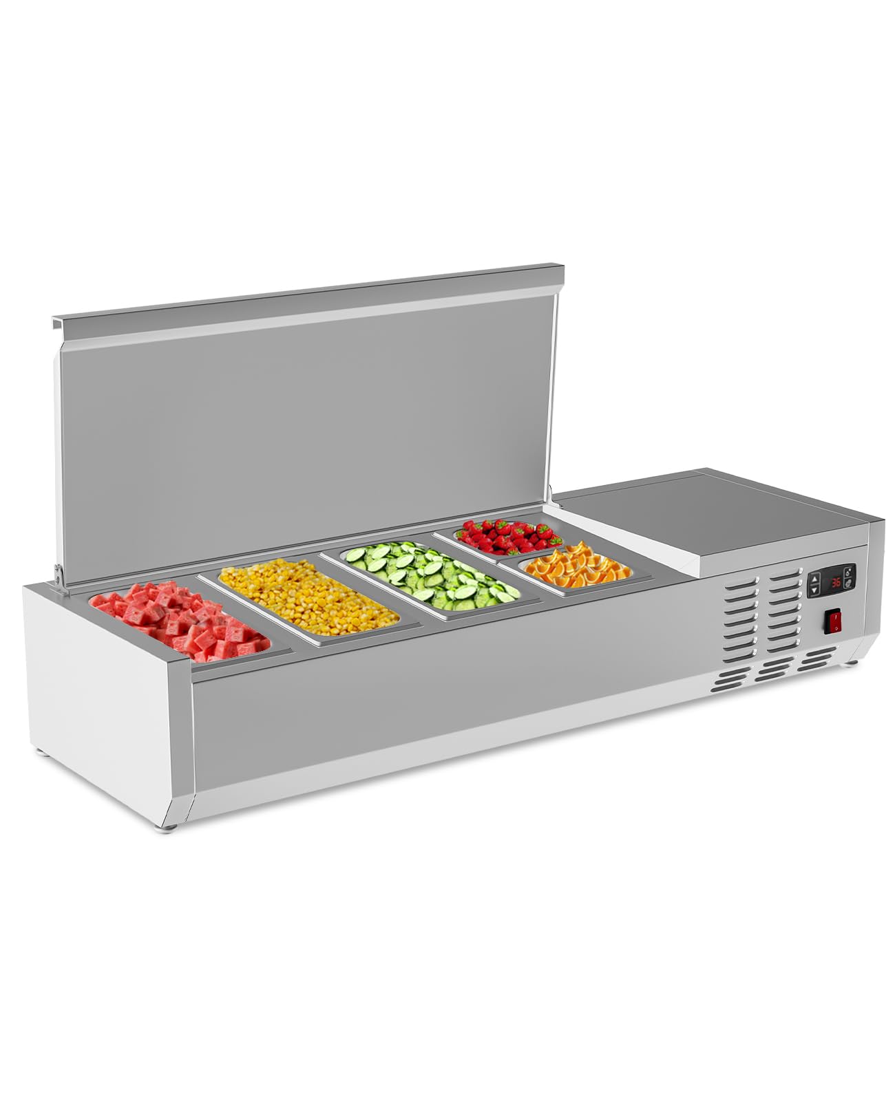 Photo 1 of *** BROKEN SIDE ***Garvee 48’’ Countertop Refrigerated Condiment Station with Auto Defrost & Digital Controller and LED Display,Sandwich Prep Table Guard with 1/3 Pan*3 and 1/6 Pan*2,Glass Lid for Restaurant Food Truck
