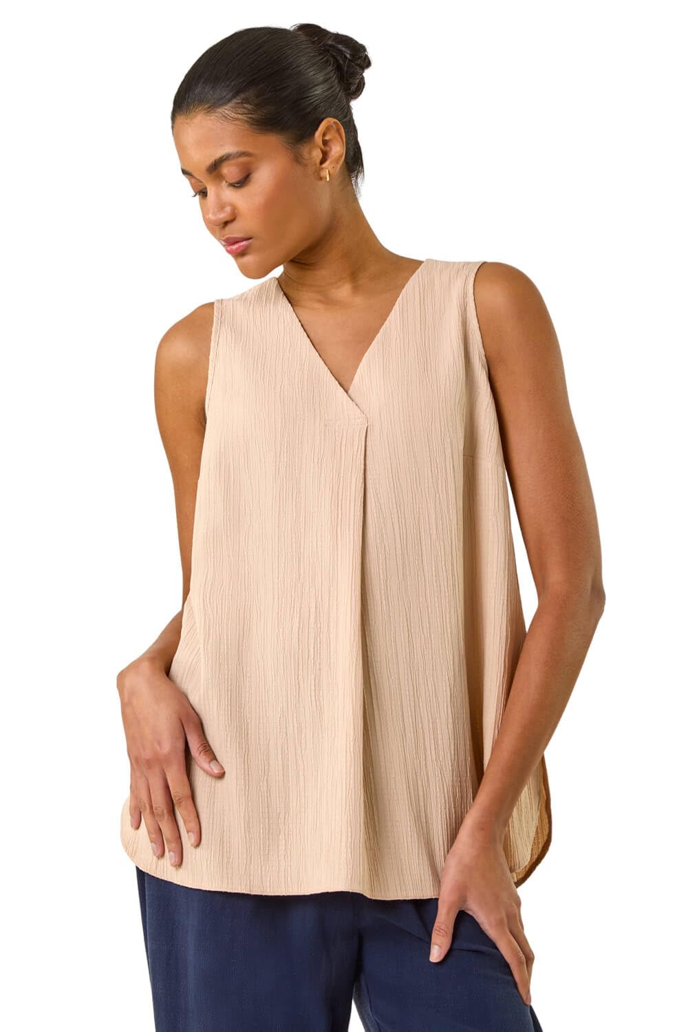 Roman Originals Women's Plain Stone Pleated Vest Tank Top Sleeveless Blouse Shirt Tunic Summer Autumn Holiday V-Neck Work Office Cocktail Party Special Occassion Going Out - Size 10