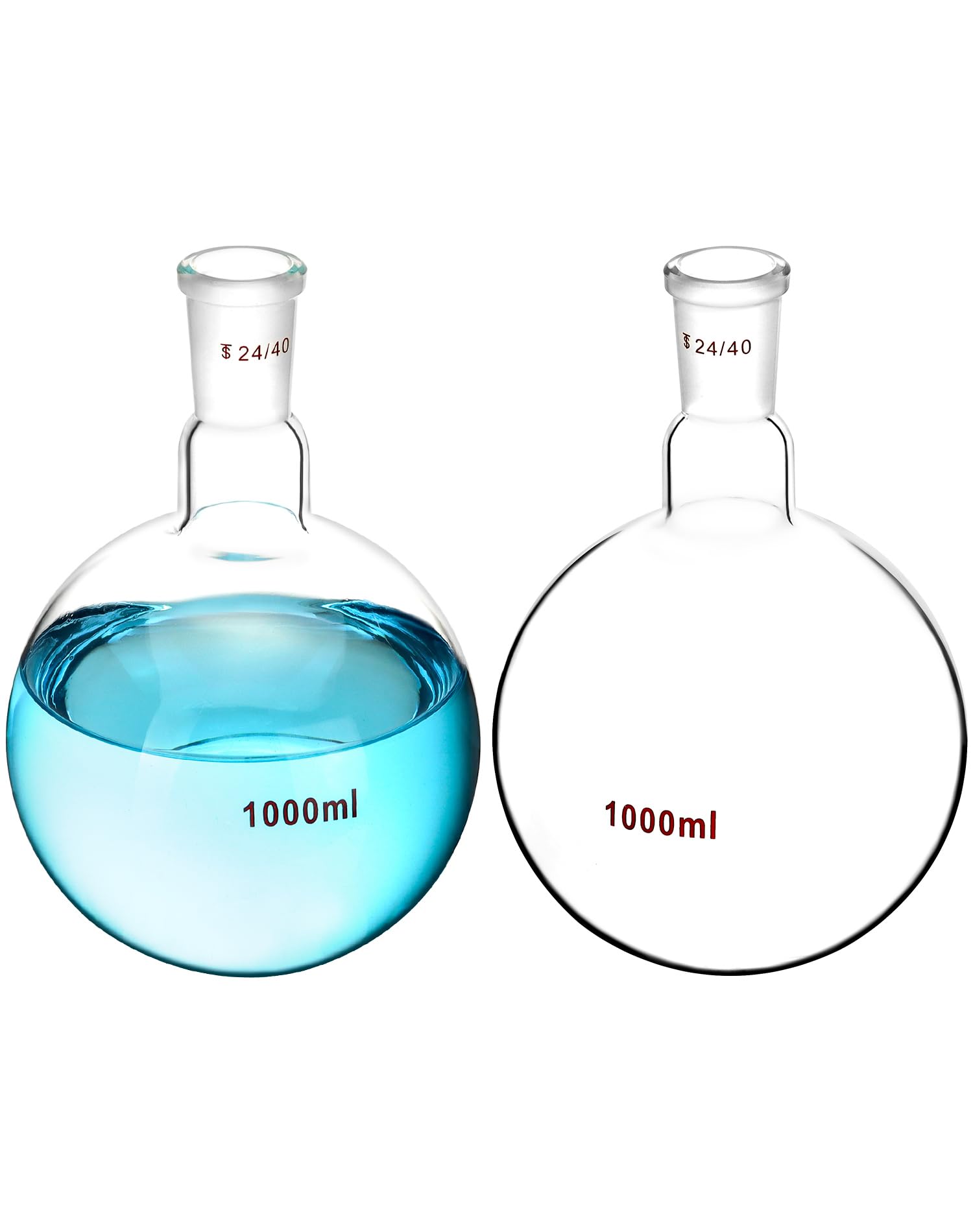 QWORK Fiaschetta in vetro borosilicato da 1000 ml con giunto esterno conico standard 24/40, fondo rotondo a collo singolo, confezione da 2