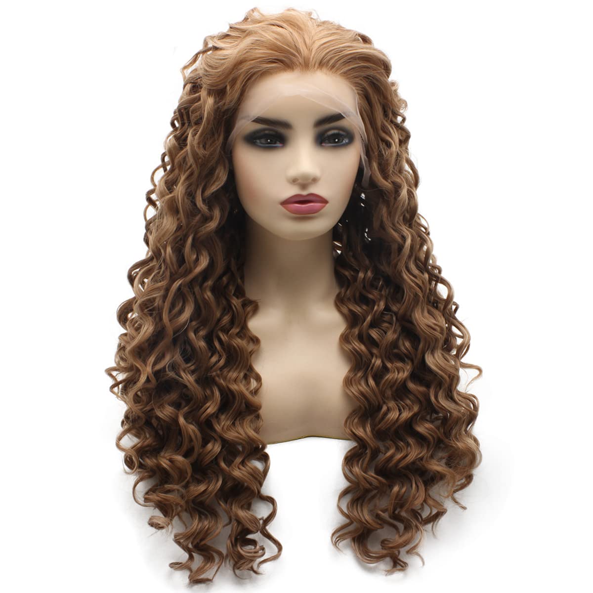 Peakia Long Curly Auburn Blonde Natural Half Hand Tied Synthetic Lace Front Wig