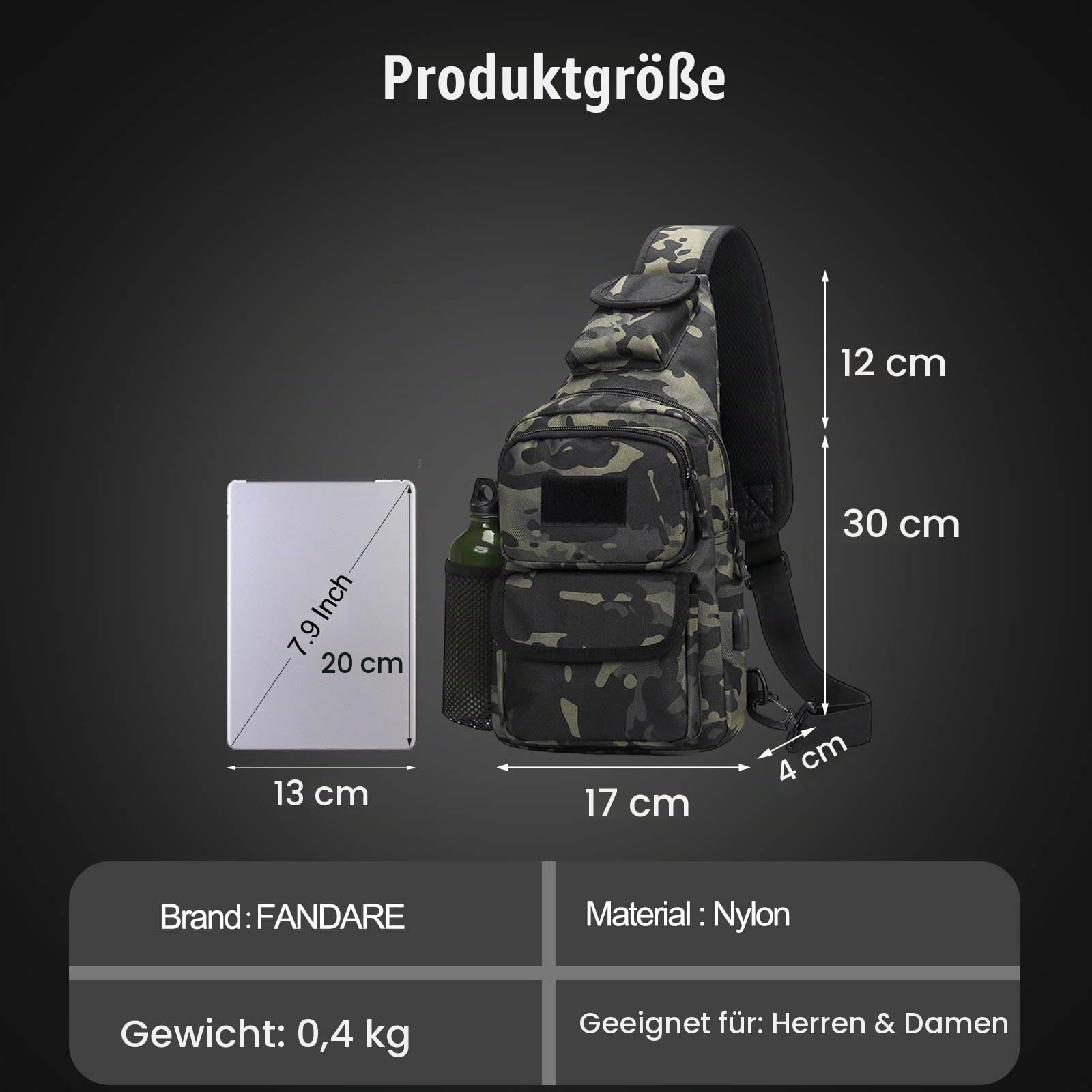 FANDARE Taktisch Brusttasche Military Schultertasche Sling Bag Herren Damen Umhängetaschen mit USB-Ladeanschluss Schultertasche Crossover Rucksack für Reisen Wandern Crossbody Pack Schwarz Camo