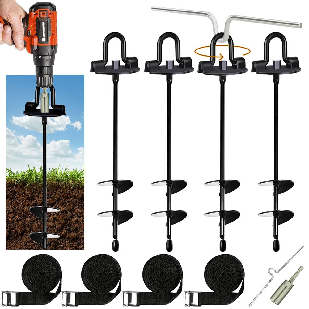 Ancrage Pour Trampoline, Fixation Trampoline Sol, Kit Encrage Trampoline Exterieur, Sangle réglable - Adaptateur de perçage - Aide à la rotation - Kit d'ancrage robuste pour tentes, balançoires