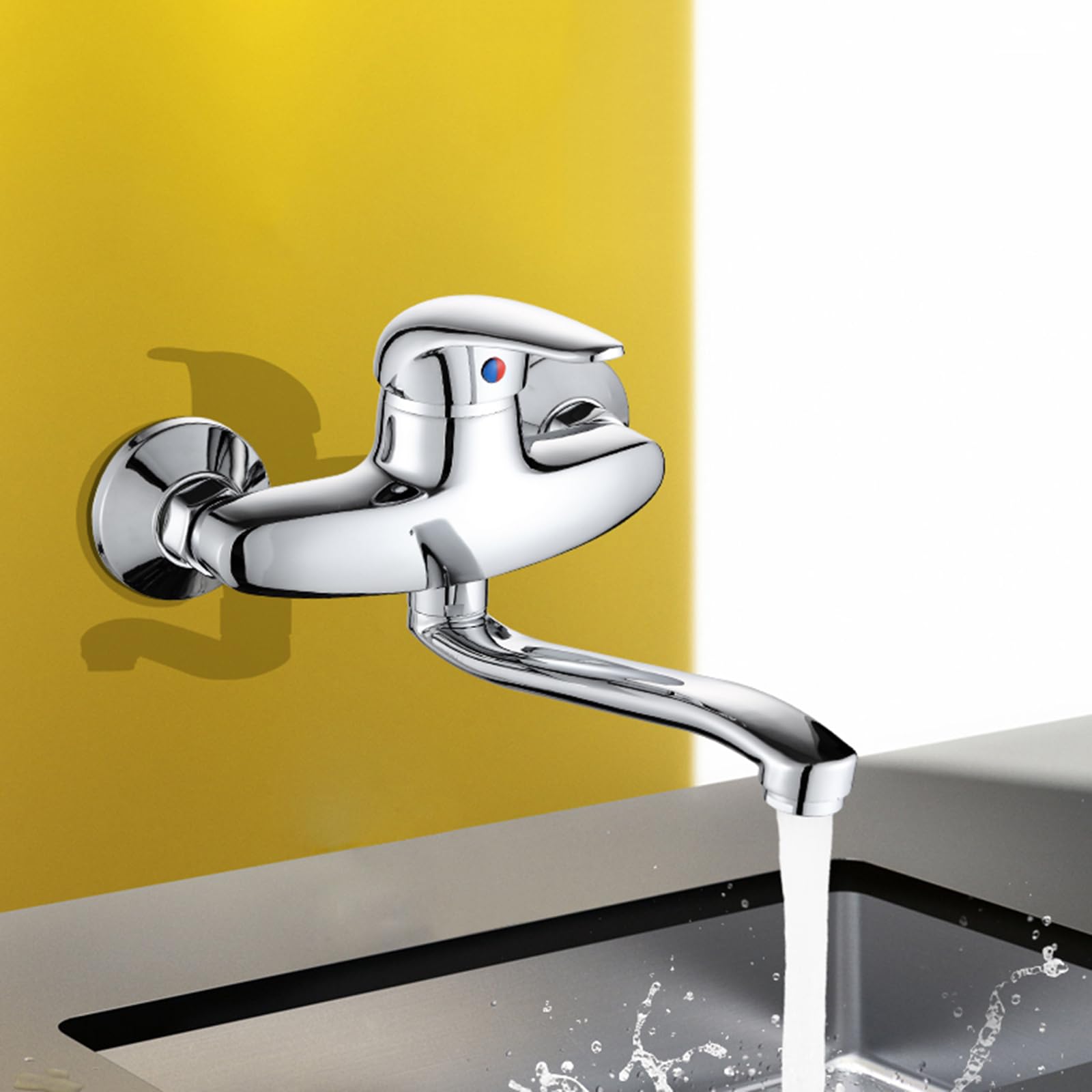 Rubinetto da Cucina a Parete a Doppio Foro, Cromato, 27,8 cm, Design Moderno di Alta qualità, Struttura in Ottone Resistente, Perfetto per Uso Domestico e Commerciale.