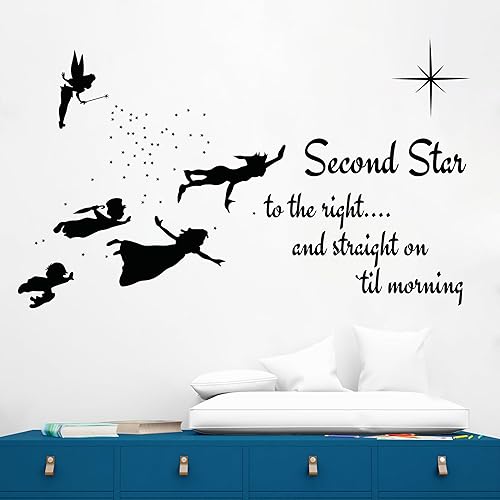 Second Star to the Right and Straight On Til Morning Peter Pan - Decoración de pared con cita I Tinker Bell para decoración de habitación infantil,