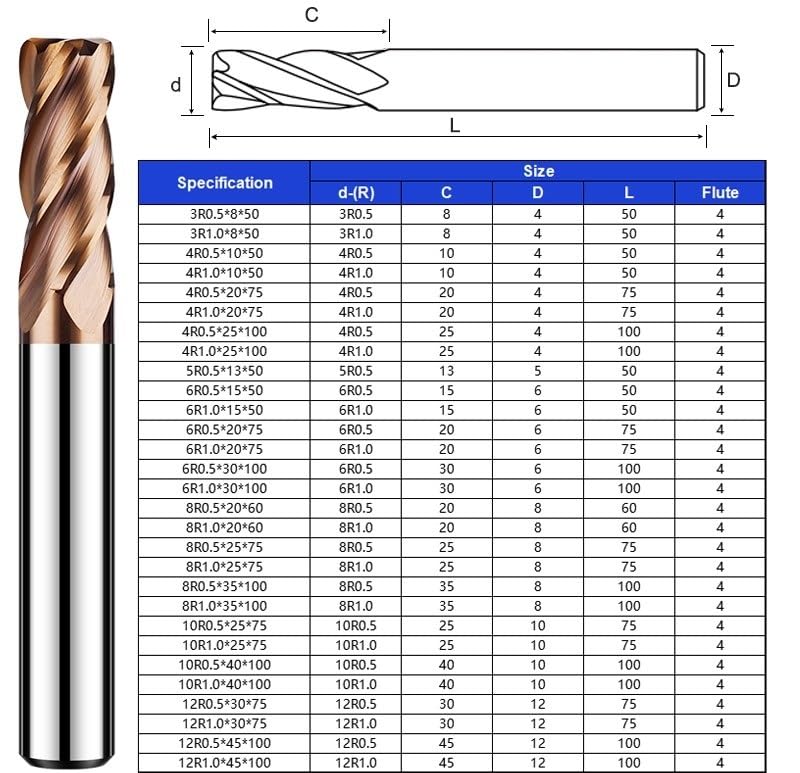 Fresa de punta redonda carburo tungsteno con revestimiento aleación 4 flautas HRC55, herramientas fresado extremo for mecanizado mecánico CNC, 1 unidad(8R1.0x35x100)