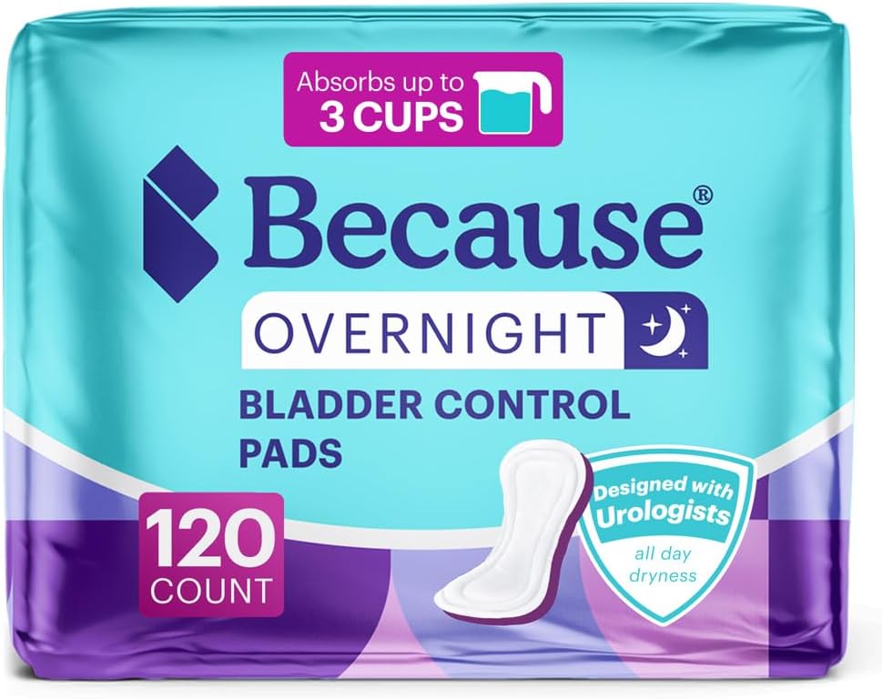 Because Overnight Incontinence Pads for Women – Moderate-to-Heavy Absorbency for Nighttime Use, Long-Length Protection, 120 Count, New Version
