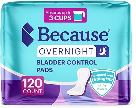 Because Overnight Incontinence Pads for Women Moderate-to-Heavy Absorbency for Nighttime Use, Long-Length Protection, 120 Count, New Version