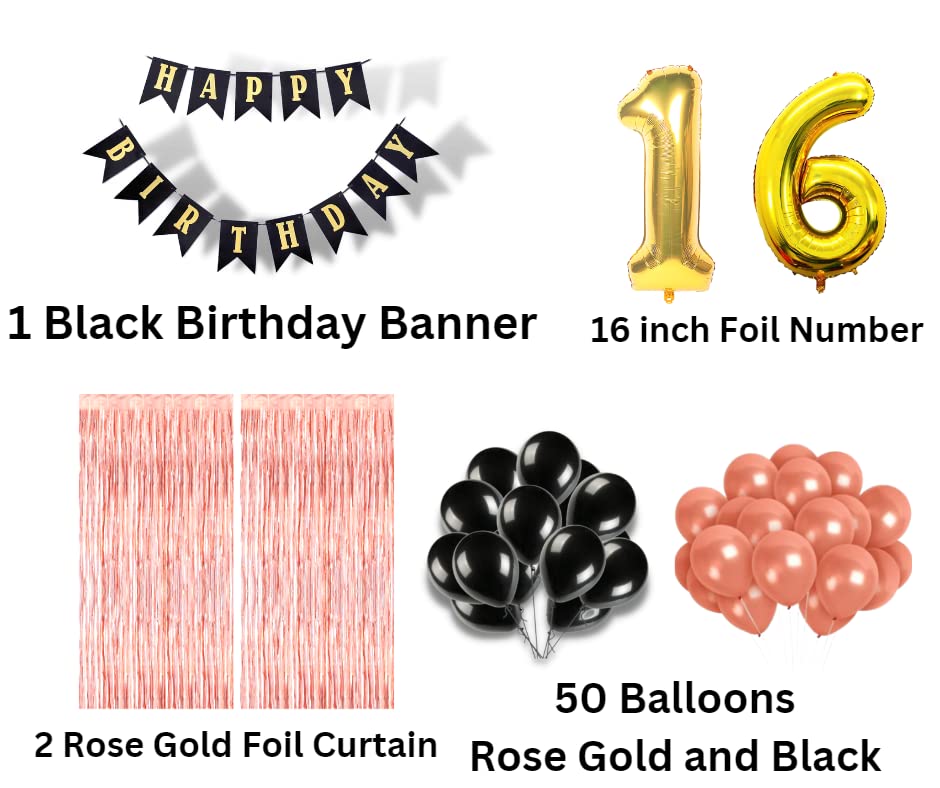 Image of 16th Birthday Decoration items for Girls with Black and Rose Gold Balloons, Black Happy Birthday Banner, Rose Gold Foil Curtain, Foil Balloon number 16