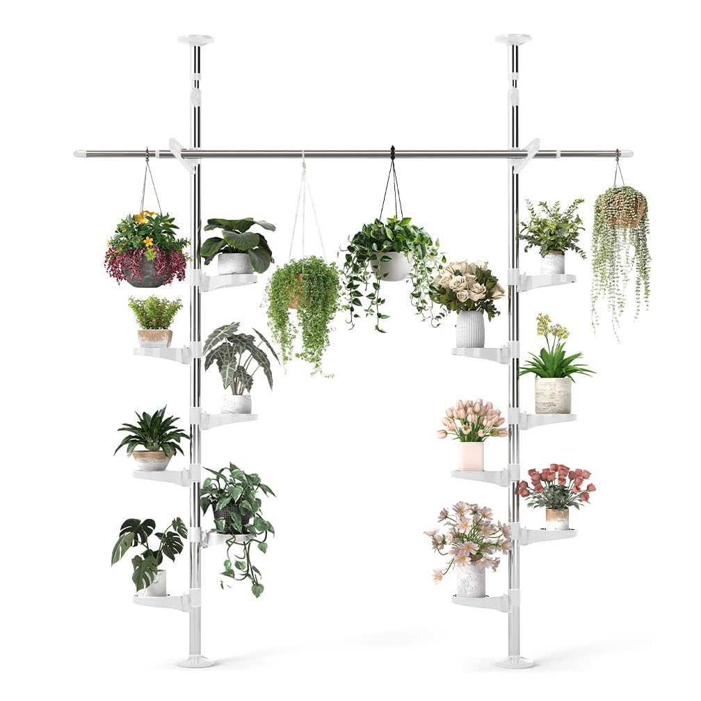 Adjustable Indoor Plant Stands Double Tension Pole Stainless Steel Flower Display Racks Holder Corner Storage Shelves with 12 Trays, 2 Hooks & 1 Telescopic Clothes Drying Hanging Rod - Ivory