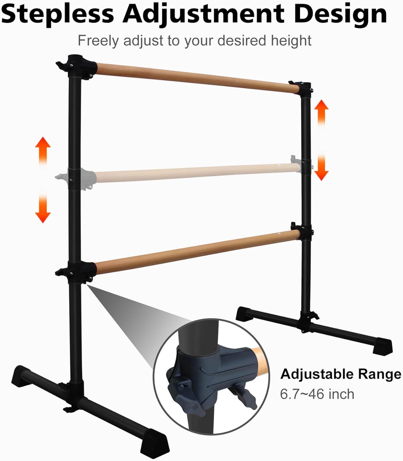 4ft Portable Ballet Barre for Home, Freestanding Dance Bar with Solid Wood, Adjustable Height (6.7"-46"), Stretching Equipment for Kids & Adults, Barre Fitness,