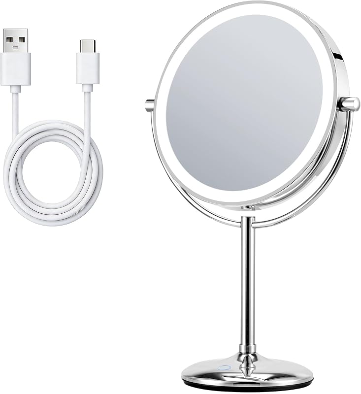 Espelho para maquiagem SANFANGIE com iluminação, 1X/20X, recarregável e base de mesa