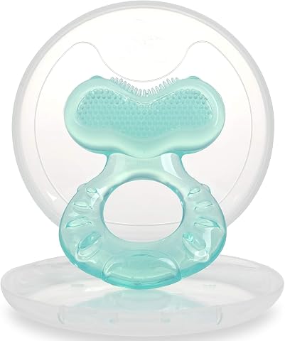 Nuby Teethe-eez de silicona flexible | Mordedor de silicona con superficie para masajear las encías | Estuche higiénico incluido | Turquesa | +3 meses