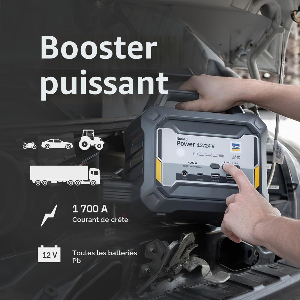 GYS, Nomad Power Pro 12/24V, Démarreur/Booster Batterie Lithium Portable 5000A, Véhicules 12/24V (Moto, Voiture, Camion), Démarrage Sécurisé, Batterie Externe 19,5Ah (PowerBank), Lampe LED