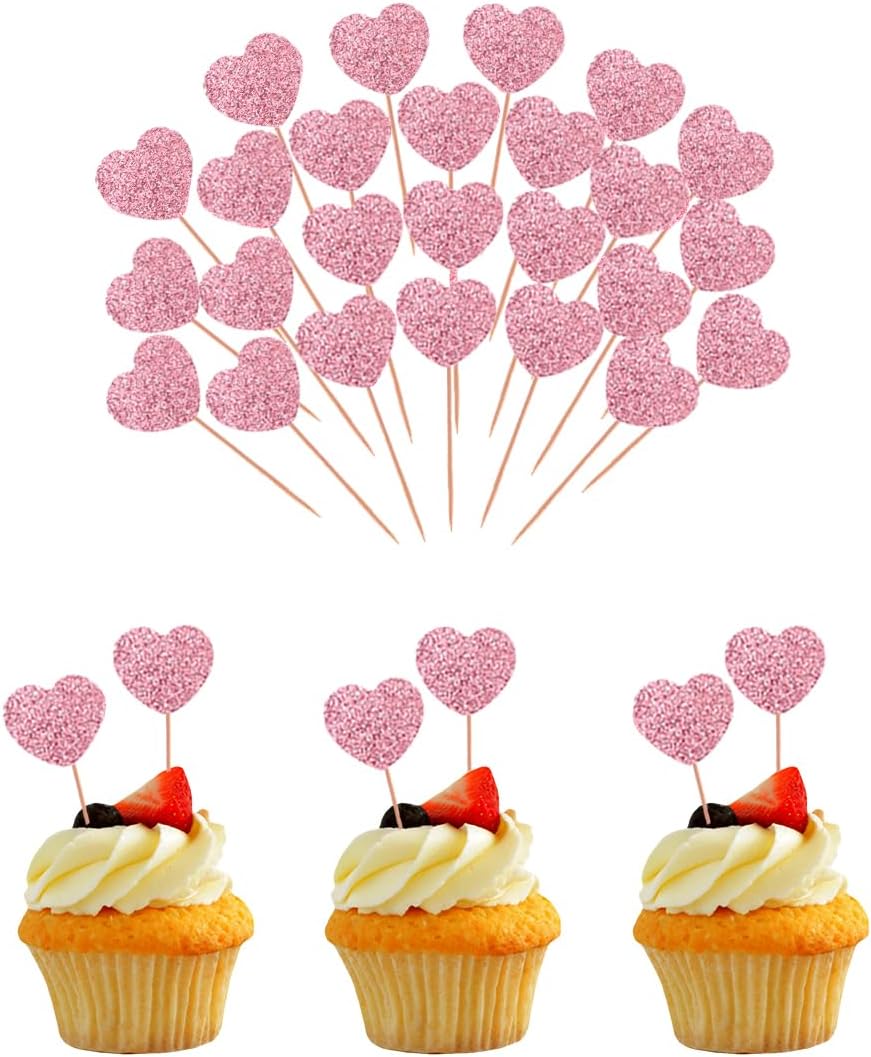 Wolpark 60pcs Heart Cupcake Toppers Glitter Sweet Love