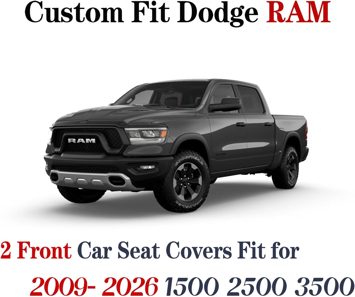 YIERTAI Dodge RAM Seat Covers Fit for 2009-2023 2024 2025 2026 1500/2500/3500HD Pickup Front Seats Only Crew Double Cab Quad Cab Waterproof Leather Seat Covers(2 PCS Front only/Black)