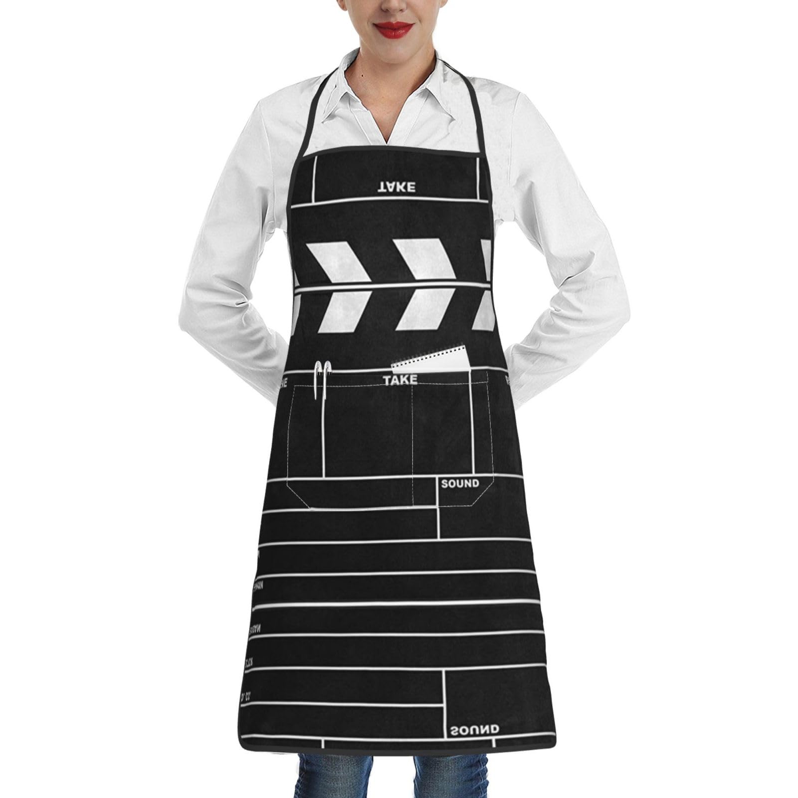 Kitchen Aprons For Women & Men, Classic Movie Clapboard Black Apron With Large Pocket, Adjustable Apron For Chefs Cooking Baking Gardening, Unisex Waterproof Chef Bakers Aprons For Home Restaurant