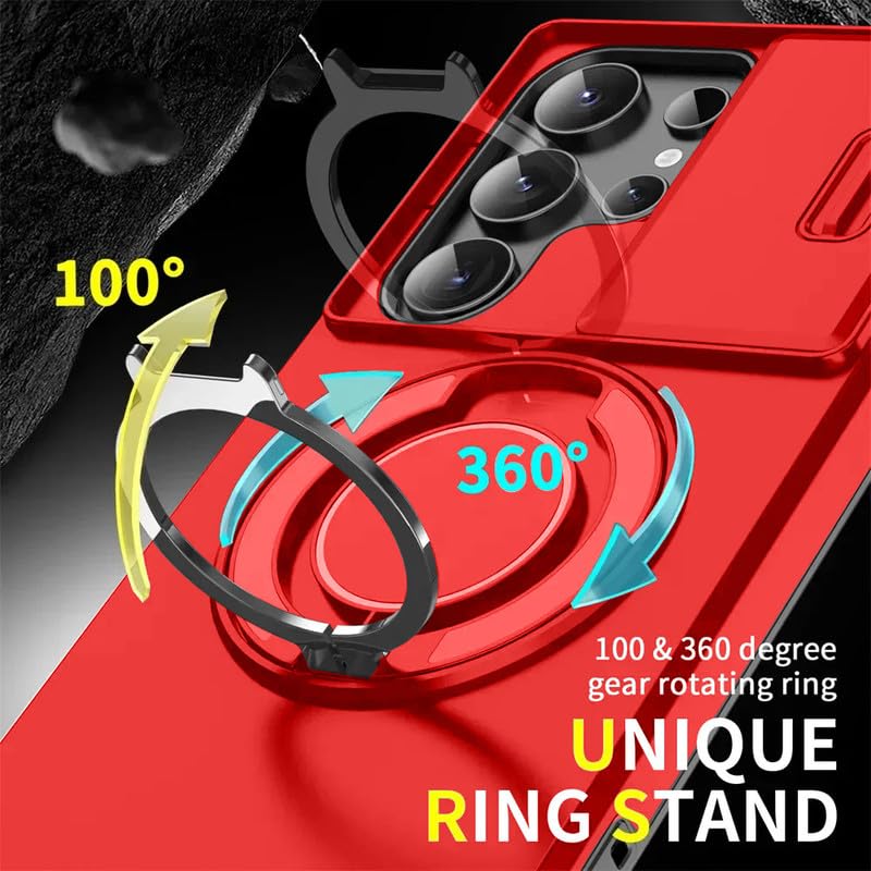 Image of LuxuryKase Shockproof Rugged Case for Samsung Galaxy S24 Ultra | Slide Camera Cover | 360 Rotating Ring Kickstand | Military-Grade Protection - Cherry Red
