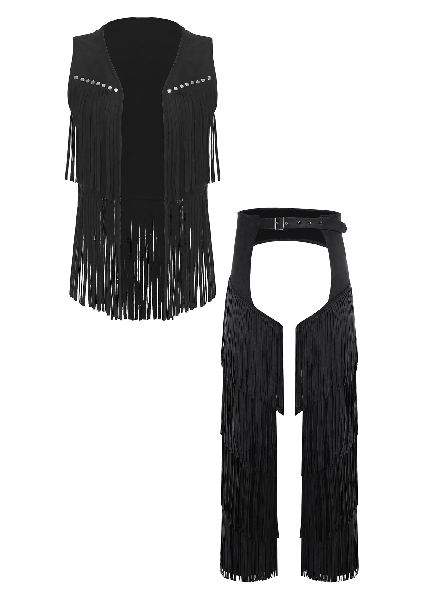 CHICTRY Men Adult Tiered Tassel Vest And Chaps 2-piece Set Bottomless Leggings Cowboy Outfit Black L