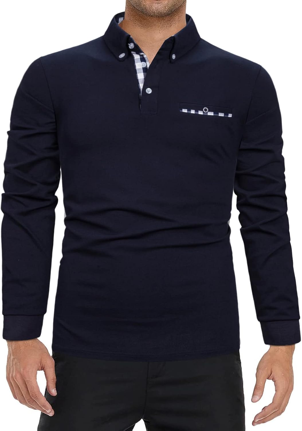 Mens Polo Shirts Long Sleeve Casual Plaid Collar Golf Shirt for Men Slim Fit Cotton Polo T Shirts Top - Image 2