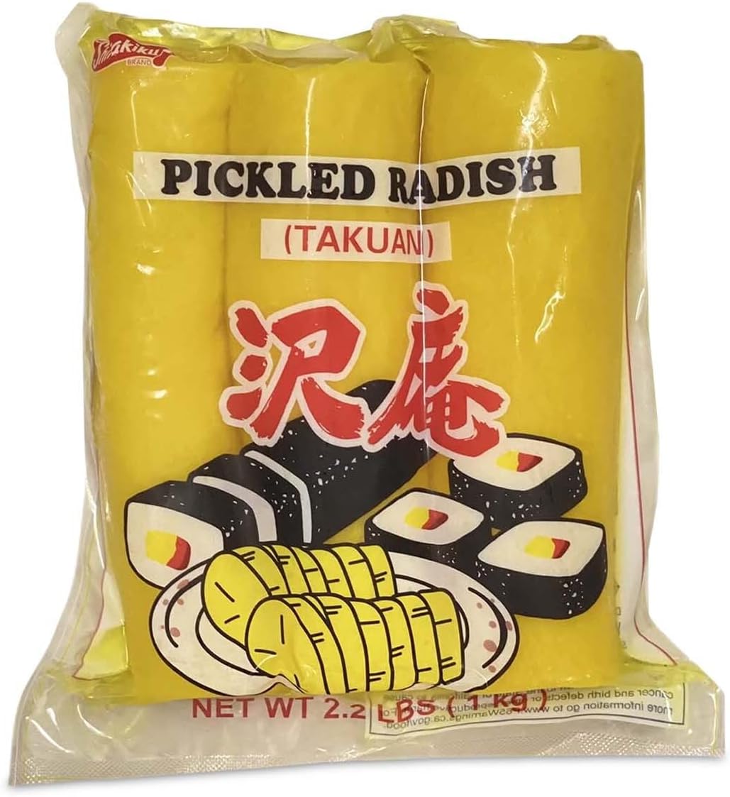Shirakiku Pickled Radish Takuwan | Japanese Pickle with Sulfites | Ideal for Asian Sushi, Bento Boxes, Sandwiches, and Salads | (3-piece) Pack of 1, 2.2 Pounds