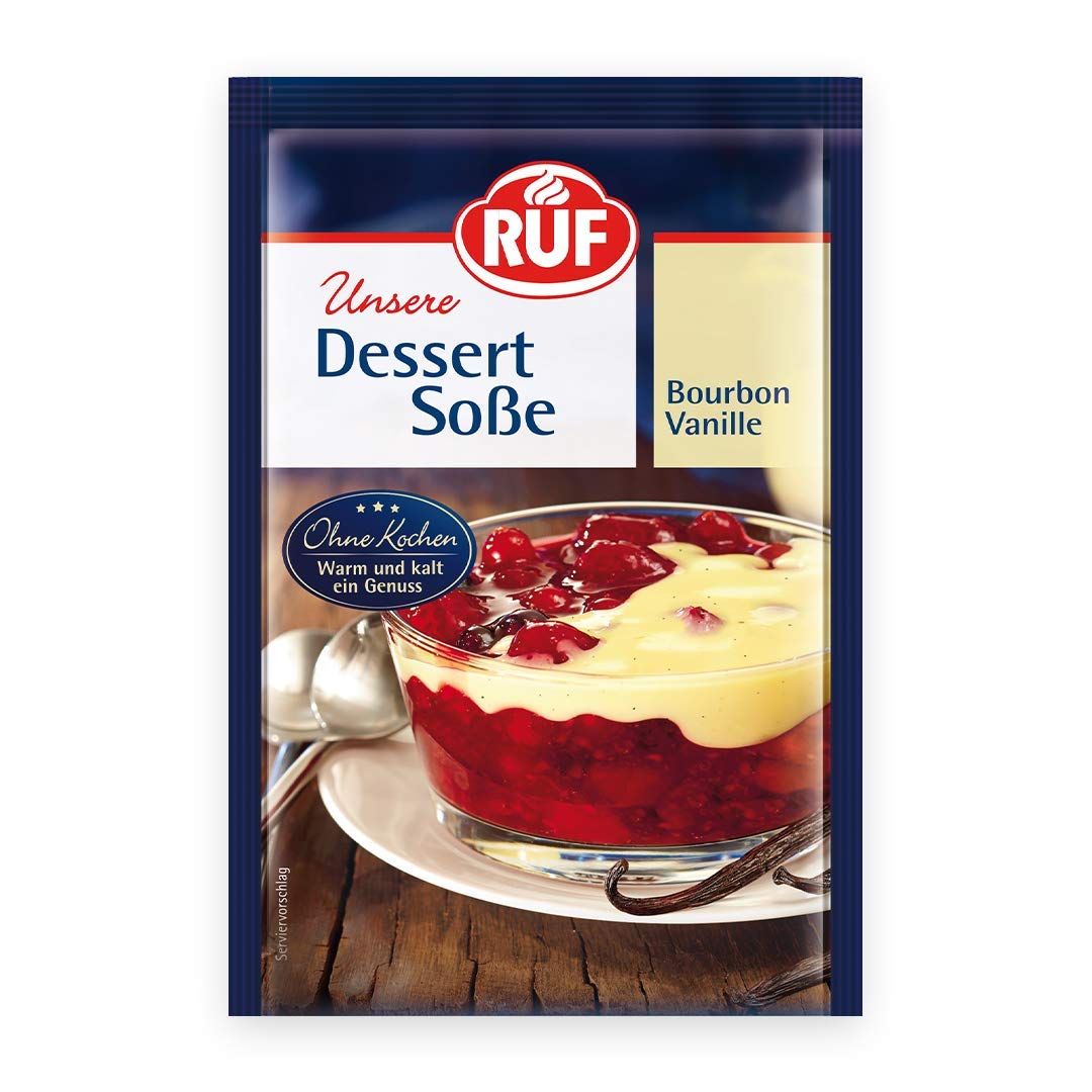 RUF Dessertsoße Bourbon-Vanille ohne Kochen, Vanillesoßen-Pulver für Dessert & Nachtisch, nur kalte Milch hinzugeben, glutenfrei, 1er Pack, 1x40g