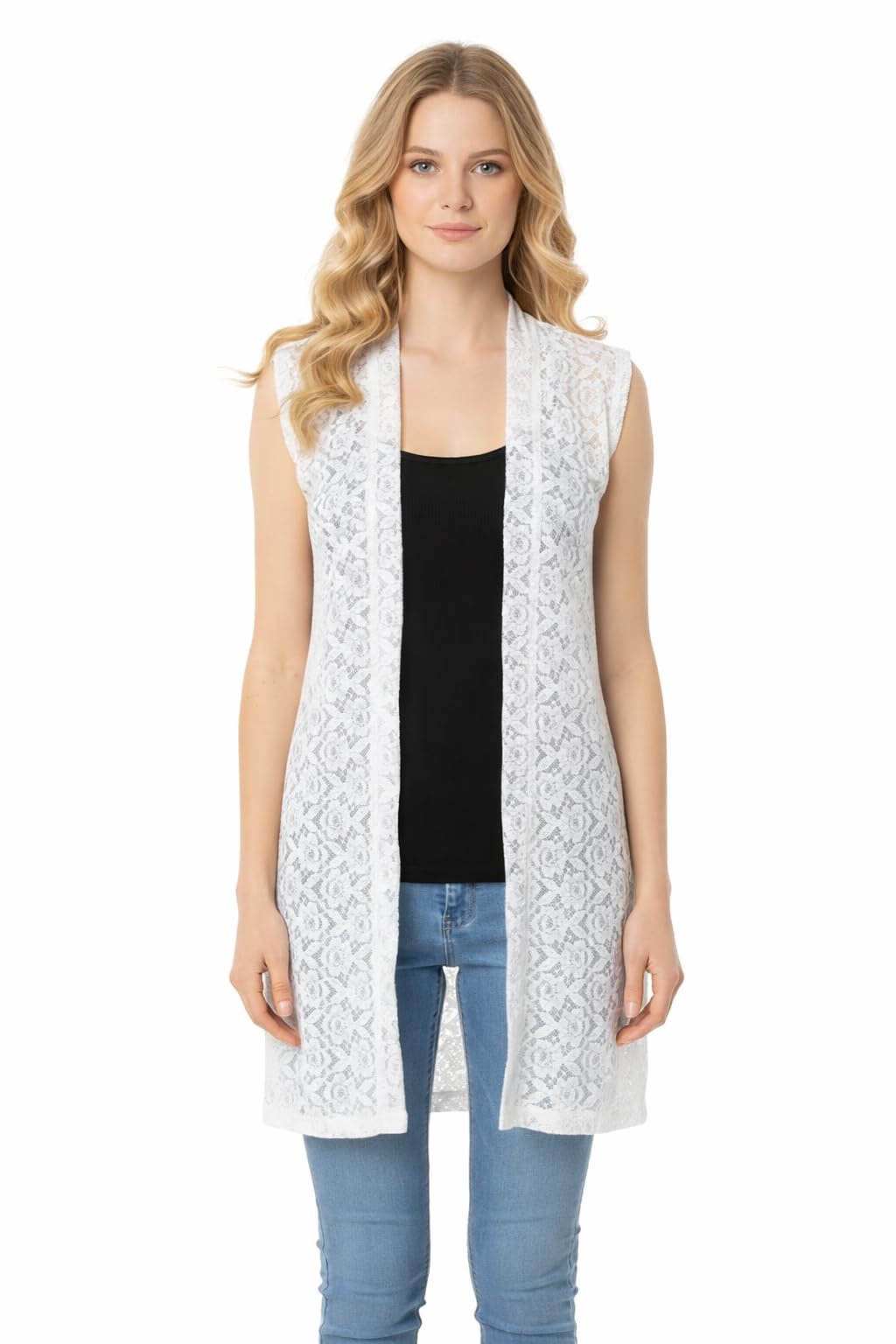Meher Hosiery Elegant Black Lace Longline Shrug - Sleeveless Sheer Floral Overlay for Women - Stylish Open Front Casual & Office Wear | Lightweight Long Shrug for Women-image-31