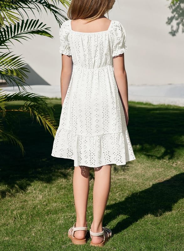 Girls Summer Dress Casual Puff Sleeve A-line Button Down Eyelet Midi Dress 6-15 Years4