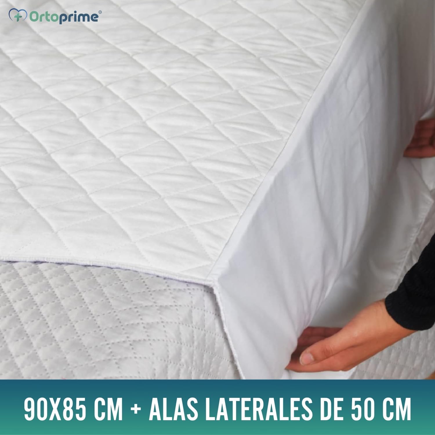 OrtoPrime Empapador Cama Super Absorbente 4,65 litros m2 + 400 Lavados - Protector Colchón 5 Capas - para Adultos Bebes y Niños - Protector Lavable con Alas - 90 x 85