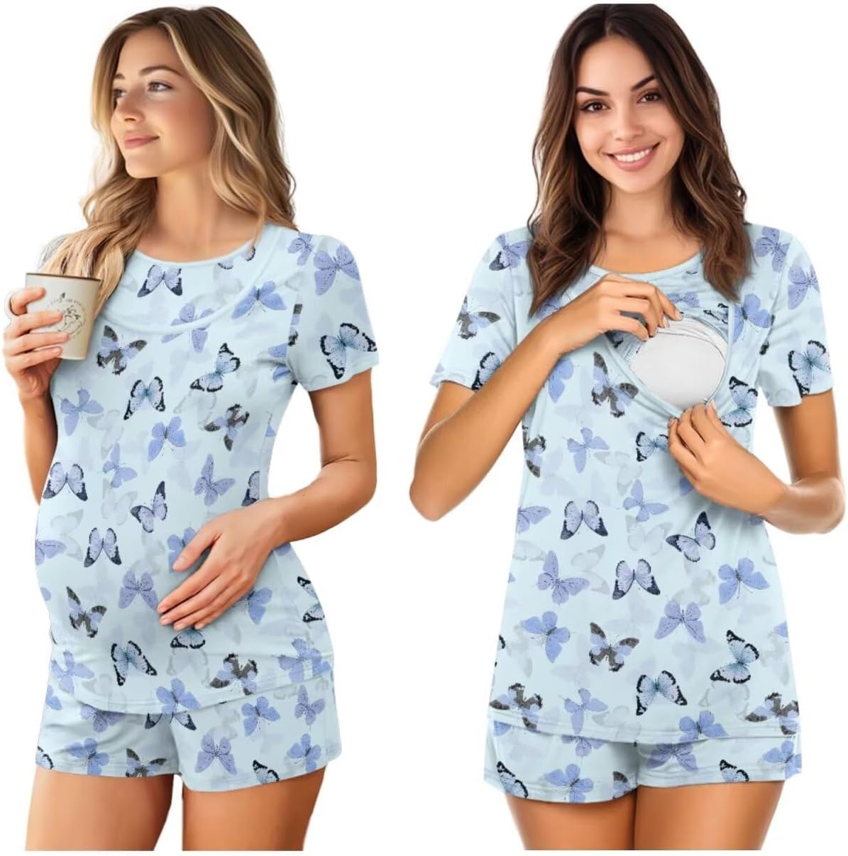 Women 2 PCS Maternity Nursing Pajamas Set Breastfeeding Sleepwear Short Sleeve Top and Short Set Pregnancy Pajamas