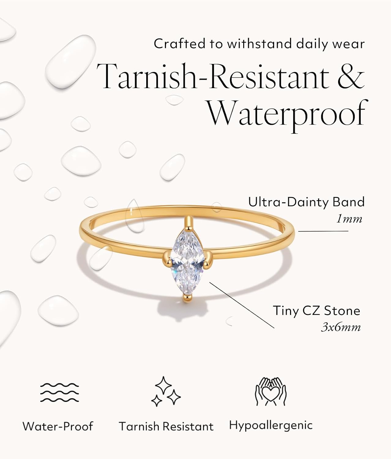 18K Gold Dainty Stacking Rings for Women, Thin 1mm Band with Tiny CZ Stones, Waterproof Non-Tarnish Gold Plated Stainelss Steel, Pear Marquise Heart Cut, Size 6-8