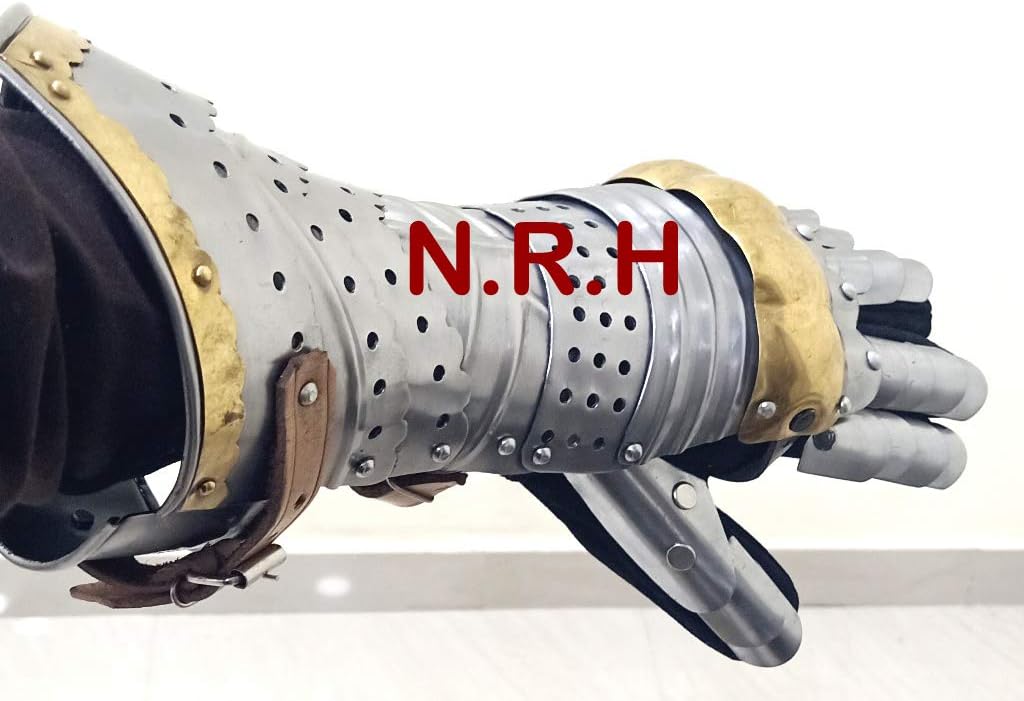 Nautical Replica Hub Medieval Steel Gothic Knight Style Gloves & Gauntlets | Brass Accent Chrome Finish Gloves