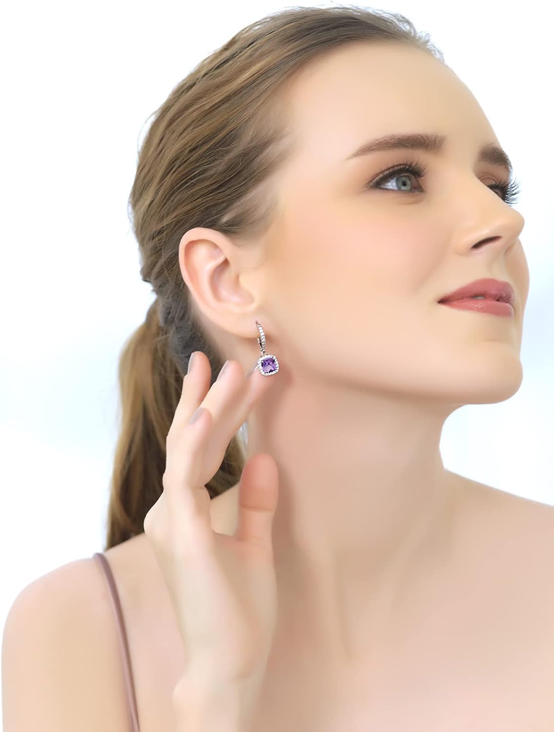 Silver Birthstone Dangle Earrings - Genuine Gemstone, Cushion Cut Halo Leverback, Dainty Drop Earrings for Women