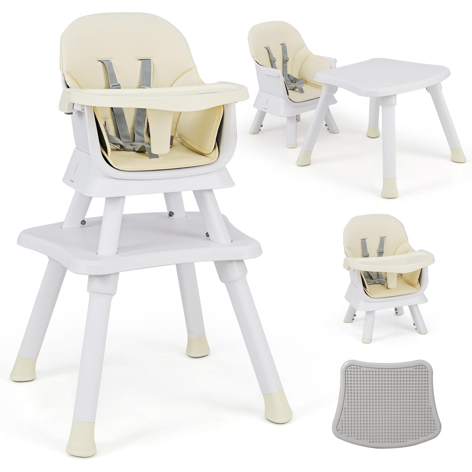 RELAX4LIFE 6 en 1 Trona Bebé con Arnes de 5 Puntos y Cojín Desmontables, Tronas de Bebe Portátil con Bandeja Ajustable y Extraíble, Mesa y Silla Infantil para Niños 6+ Meses, Carga 25kg (Beige)