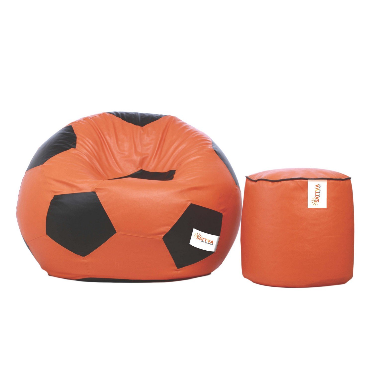 SATTVA Classy.Elegant.Stylish Football Bean Bag Cover and Round Footstool Cover Without Beans Combo (Orange with Black Piping)-image-49