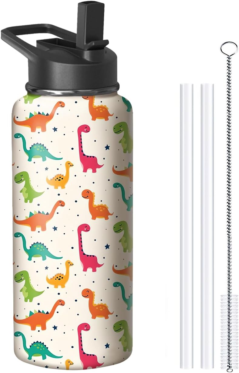 32oz Cute Dinosaur Water Bottle with Handle and Flip Straw, Animal Sports Stainless Steel Insulated Cup Travel Coffee Mug Tumbler, Birthday Mothers Day Chritmas Gifts for Women