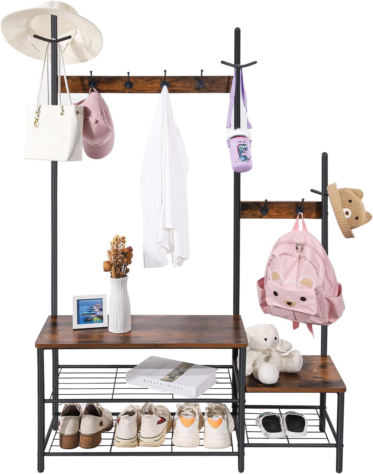 Parent-Child Hall Tree Entryway Bench with Coat Rack Sturdy Shoe Rack Storage, 3-in-1 Functional Hall Tree Industrial Rustic Wood Metal Furniture for Entrance (1+1 Rustic Brown + Black)