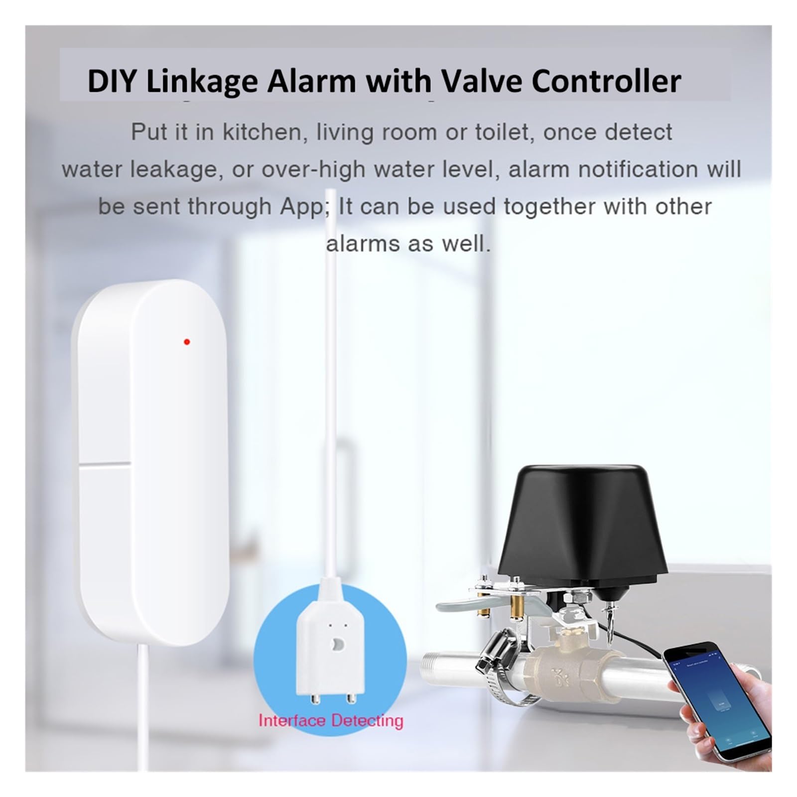 Tuya Smart Home Sans Fil WiFi Alarme Fuite D'eau Détecteur De Capteur Alerte D'inondation Ensemble Liaison Débordement Avec Contrôleur Valve Conservation De L'Eau(Linkage Set)