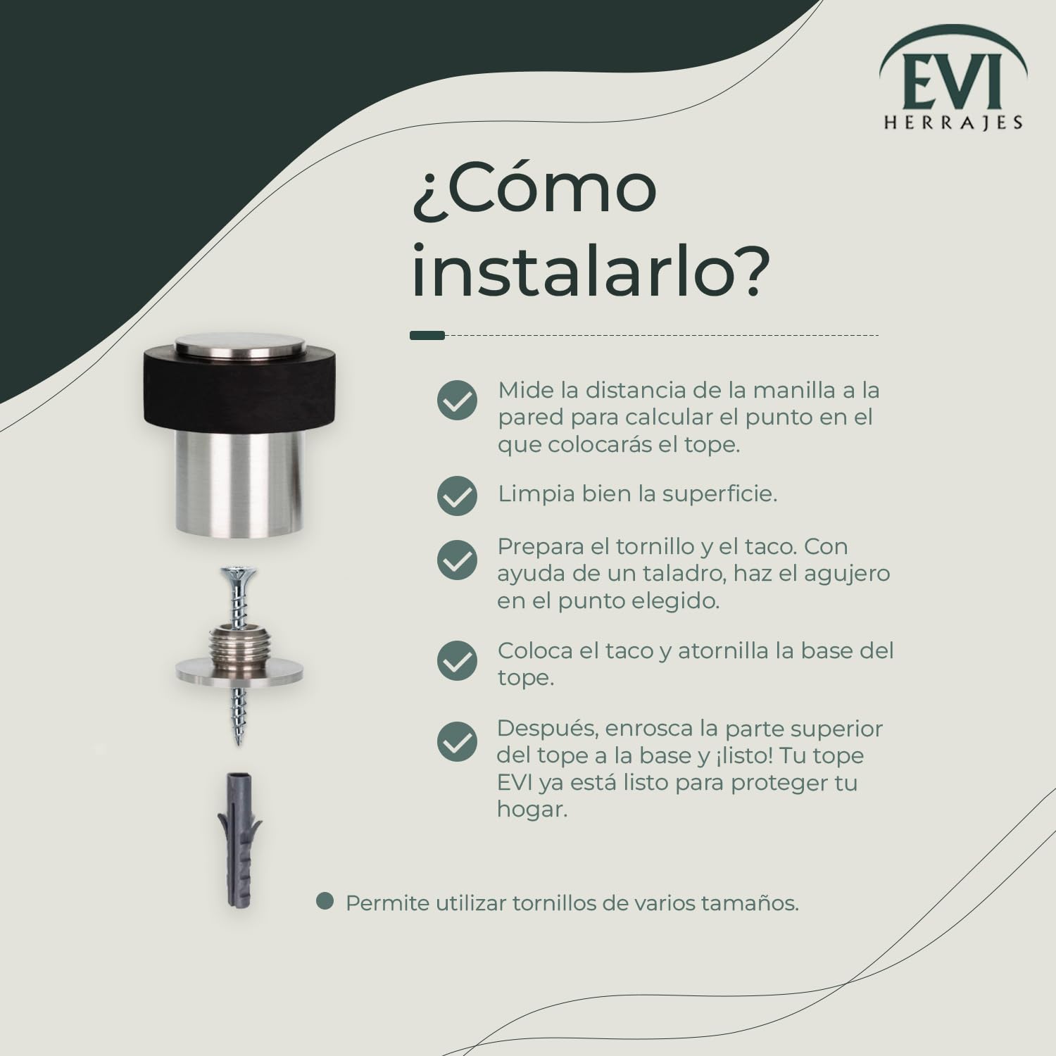 EVI Herrajes | Pack 2 Topes de Puerta | Ø24x35mm | Acero Inoxidable | Goma Negra | Incluye Tornillo + Taco de Sujeción | Mod. I-18124X35-CB