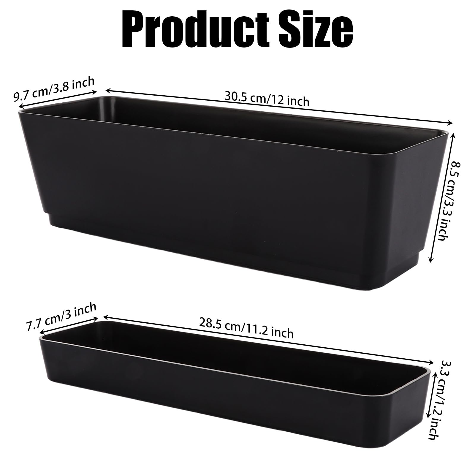 APACALI 4 Pack Rectangular Plant Pots, 30.5 x 9.7cm Window Box Planter with Tray, Garden Troughs Planters with Drainage Holes, Flower Pots Outdoor for Balcony, Office, Garden, Windowsill, Black - Image 2